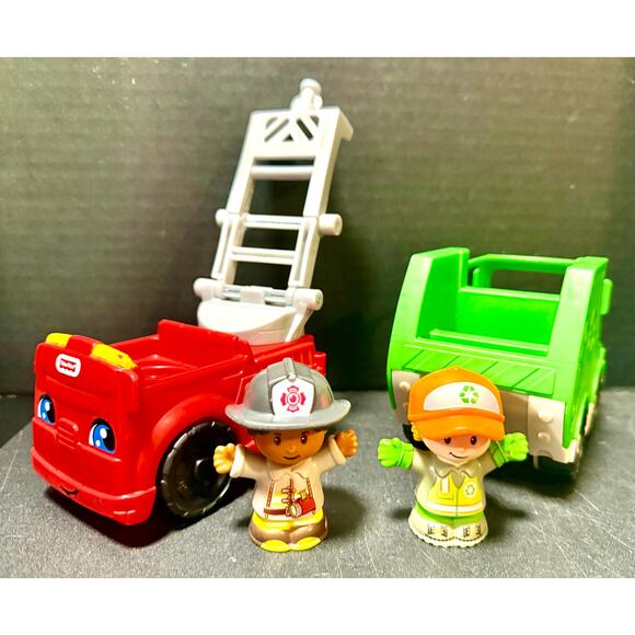 Set 1 fisher price little people small vehicles with drivers fire & recycling - Picture 1 of 2